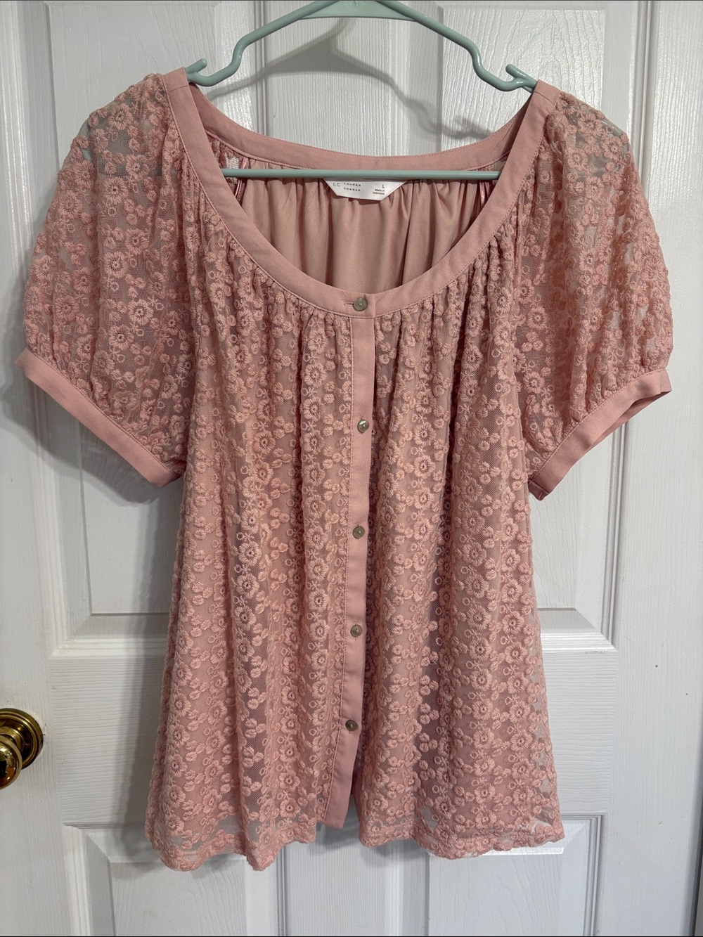 LC Lauren Conrad Dusty Pink Lace Button-Front Blouse